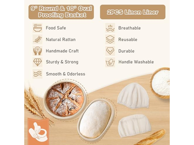 Rattan Bread Basket With Cover Lid And Liner Sourdough Tool Proofing